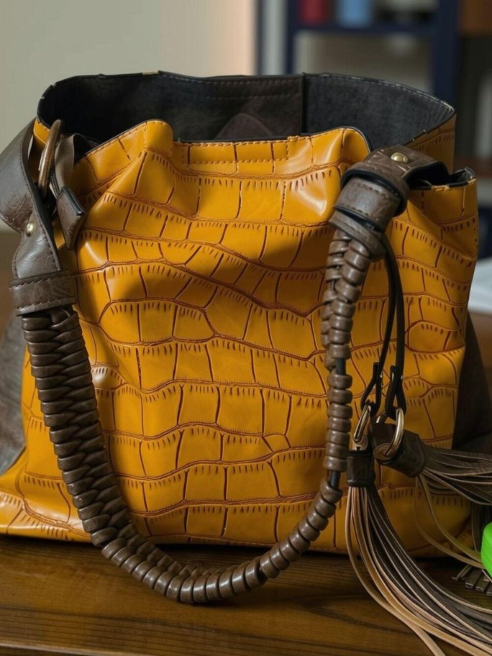 Jen & Co. Olivia Croc Hobo Bag Mustard Yellow Brown Vegan Leather Tassel Purse